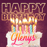 A colorful birthday cake topped with lit candles, with the words 'Happy Birthday Glenys' in bold glowing letters on a burgundy background. Animated flames add a festive touch.