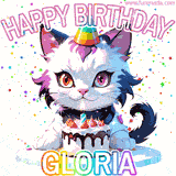 Adorable party-themed animated cat next to a lit birthday cake with text that says 'Happy Birthday Gloria,' surrounded by colorful decorations and sparkles.