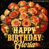 Animated bouquet of orange roses with moving butterfles and golden 'Happy Birthday Gloria' text, surrounded by sparkling accents and a dark backdrop for a luxurious feel.