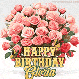 Golden 'Happy Birthday Gloria' text beneath a vibrant bouquet of orange roses, complete with glittering butterflies and sparkling details.