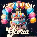 Bright birthday animation for Gloria with a chocolate cake, candles, balloons, and glowing celebratory lights.