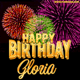 A golden 'Happy Birthday Gloria' message with vibrant fireworks in the background, creating a festive and celebratory vibe in this animated name GIF.