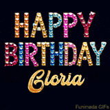 Vibrant luxury birthday greeting card for Gloria, showing glittering gemstone letters and golden calligraphy on a dark background with twinkling shine effects.
