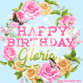 A charming animated GIF featuring 'Happy Birthday Gloria' in pink and green text, surrounded by delicate roses, leaves, and fluttering butterflies on a soft light blue pastel background.