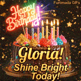 A rich chocolate frosted cake on a gold stand with glowing yellow candles, personalized with the name Gloria!
