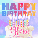 A vibrant animated name GIF with the words 'Happy Birthday Gloria' with colorful candles on a creamy cake. The background sparkles with pastel shades, adding a festive touch.