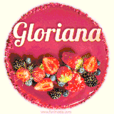 Beautifully decorated red velvet berry birthday cake with vibrant fruits and a glowing 'Gloriana' name, adding a touch of sweetness and sparkle.