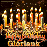 A glowing personalized birthday GIF with name Gloriana featuring lit candles with intricate designs, warm lighting, and the text 'Happy Birthday' in an elegant font.
