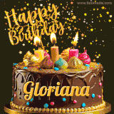 A delightful chocolate birthday cake with bright candles and 'Happy Birthday Gloriana' written in gold amidst a shower of animated stars.