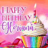 A vibrant birthday GIF featuring a rainbow-colored cupcake topped with white frosting, sprinkles, and a lit candle. The text reads 'Happy Birthday Gloriana' in bold pink and violet letters with white outline.