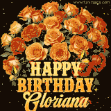 Animated bouquet of orange roses with moving butterfles and golden 'Happy Birthday Gloriana' text, surrounded by sparkling accents and a dark backdrop for a luxurious feel.