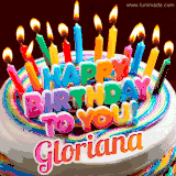 A colorful birthday cake topped with lit candles, with the words 'Happy Birthday Gloriana' in bold glowing letters on a burgundy background. Animated flames add a festive touch.