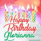Bright birthday candles with rainbow flames on a cake, alongside the text 'Happy Birthday Glorianna' in vibrant script in this celebratory animated GIF.