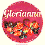 Beautifully decorated red velvet berry birthday cake with vibrant fruits and a glowing 'Glorianna' name, adding a touch of sweetness and sparkle.