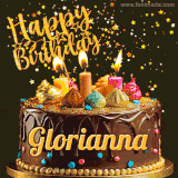 A delightful chocolate birthday cake with bright candles and 'Happy Birthday Glorianna' written in gold amidst a shower of animated stars.