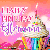 A vibrant birthday GIF featuring a rainbow-colored cupcake topped with white frosting, sprinkles, and a lit candle. The text reads 'Happy Birthday Glorianna' in bold pink and violet letters with white outline.