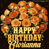 Animated bouquet of orange roses with moving butterfles and golden 'Happy Birthday Glorianna' text, surrounded by sparkling accents and a dark backdrop for a luxurious feel.