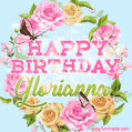 A charming animated GIF featuring 'Happy Birthday Glorianna' in pink and green text, surrounded by delicate roses, leaves, and fluttering butterflies on a soft light blue pastel background.