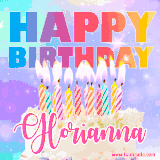 A vibrant animated name GIF with the words 'Happy Birthday Glorianna' with colorful candles on a creamy cake. The background sparkles with pastel shades, adding a festive touch.