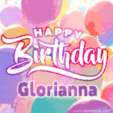 A vibrant name GIF featuring colorful balloons in shades of pink, orange, and yellow with the bold text 'Happy Birthday Glorianna' in festive fonts, creating a lively birthday vibe.