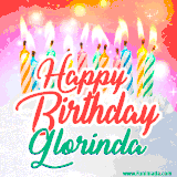 Bright birthday candles with rainbow flames on a cake, alongside the text 'Happy Birthday Glorinda' in vibrant script in this celebratory animated GIF.