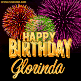 A golden 'Happy Birthday Glorinda' message with vibrant fireworks in the background, creating a festive and celebratory vibe in this animated name GIF.