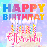 A vibrant animated name GIF with the words 'Happy Birthday Glorinda' with colorful candles on a creamy cake. The background sparkles with pastel shades, adding a festive touch.