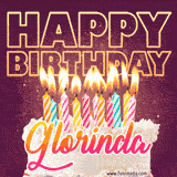 A colorful birthday cake topped with lit candles, with the words 'Happy Birthday Glorinda' in bold glowing letters on a burgundy background. Animated flames add a festive touch.
