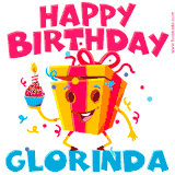 A vibrant and funny gift box character with a happy face dancing with a cupcake and the text 'Happy Birthday Glorinda,' surrounded by animated confetti and party vibes.