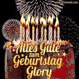 A chocolate birthday cake with glowing candles, the German text 'Alles Gute zum Geburtstag Glory,' and vibrant fireworks lighting up the background in an animated GIF.