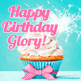 A festive cupcake with pink icing, a gingham bow, and a lit animated sparkler, paired with 'Happy Birthday Glory!' in bright pink text.