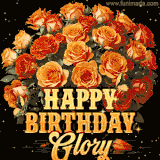 Animated bouquet of orange roses with moving butterfles and golden 'Happy Birthday Glory' text, surrounded by sparkling accents and a dark backdrop for a luxurious feel.