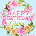 A charming animated GIF featuring 'Happy Birthday Glory' in pink and green text, surrounded by delicate roses, leaves, and fluttering butterflies on a soft light blue pastel background.