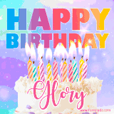 A vibrant animated name GIF with the words 'Happy Birthday Glory' with colorful candles on a creamy cake. The background sparkles with pastel shades, adding a festive touch.