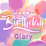 A vibrant name GIF featuring colorful balloons in shades of pink, orange, and yellow with the bold text 'Happy Birthday Glory' in festive fonts, creating a lively birthday vibe.