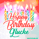 Bright birthday candles with rainbow flames on a cake, alongside the text 'Happy Birthday Glucke' in vibrant script in this celebratory animated GIF.