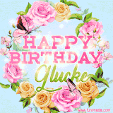 A charming animated GIF featuring 'Happy Birthday Glucke' in pink and green text, surrounded by delicate roses, leaves, and fluttering butterflies on a soft light blue pastel background.