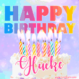 A vibrant animated name GIF with the words 'Happy Birthday Glucke' with colorful candles on a creamy cake. The background sparkles with pastel shades, adding a festive touch.