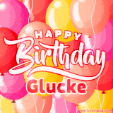 A vibrant name GIF featuring colorful balloons in shades of pink, orange, and yellow with the bold text 'Happy Birthday Glucke' in festive fonts, creating a lively birthday vibe.