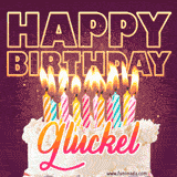 A colorful birthday cake topped with lit candles, with the words 'Happy Birthday Gluckel' in bold glowing letters on a burgundy background. Animated flames add a festive touch.