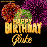 A golden 'Happy Birthday Gluke' message with vibrant fireworks in the background, creating a festive and celebratory vibe in this animated name GIF.