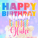 A vibrant animated name GIF with the words 'Happy Birthday Gluke' with colorful candles on a creamy cake. The background sparkles with pastel shades, adding a festive touch.
