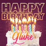 A colorful birthday cake topped with lit candles, with the words 'Happy Birthday Gluke' in bold glowing letters on a burgundy background. Animated flames add a festive touch.