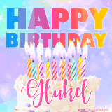 A vibrant animated name GIF with the words 'Happy Birthday Glukel' with colorful candles on a creamy cake. The background sparkles with pastel shades, adding a festive touch.