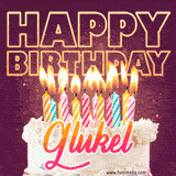 A colorful birthday cake topped with lit candles, with the words 'Happy Birthday Glukel' in bold glowing letters on a burgundy background. Animated flames add a festive touch.