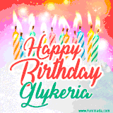 Bright birthday candles with rainbow flames on a cake, alongside the text 'Happy Birthday Glykeria' in vibrant script in this celebratory animated GIF.