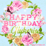 A charming animated GIF featuring 'Happy Birthday Glykeria' in pink and green text, surrounded by delicate roses, leaves, and fluttering butterflies on a soft light blue pastel background.