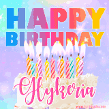 A vibrant animated name GIF with the words 'Happy Birthday Glykeria' with colorful candles on a creamy cake. The background sparkles with pastel shades, adding a festive touch.