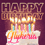 A colorful birthday cake topped with lit candles, with the words 'Happy Birthday Glykeria' in bold glowing letters on a burgundy background. Animated flames add a festive touch.