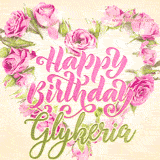 A stunning heart made of pink roses surrounds the elegant script text 'Happy Birthday Glykeria' on a soft beige background. Animated sparkles add a magical and festive feel.